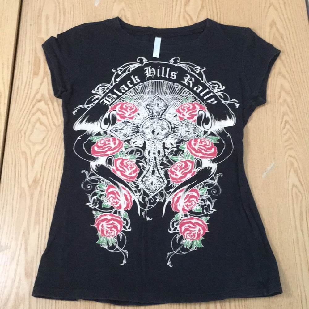 Bin 18 Womens Black Hills Rally Rhinestones T-Shirt Black Size Small/Medium
